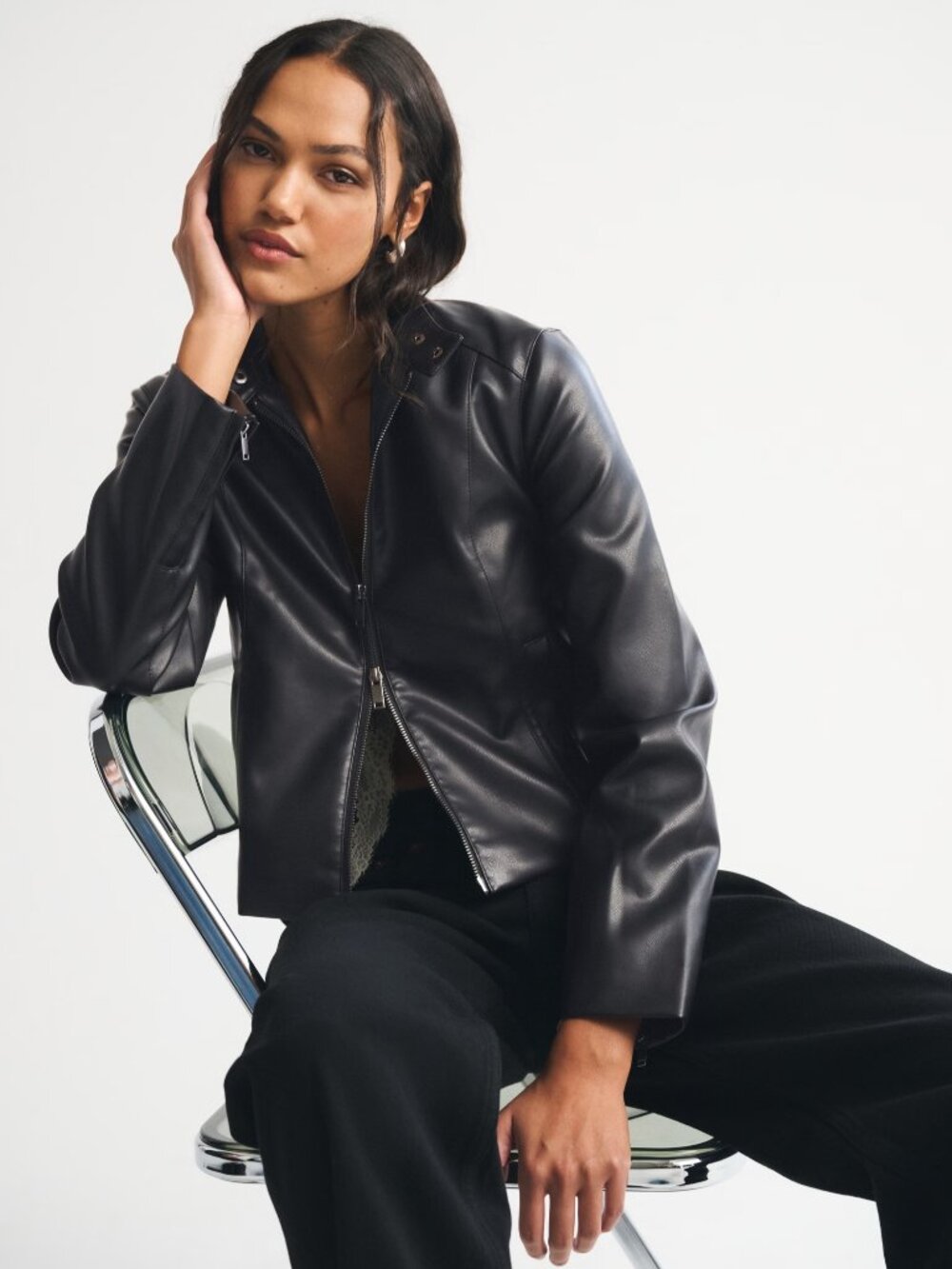 slim vegan leather mockneck jacket - Picture 3 of 14